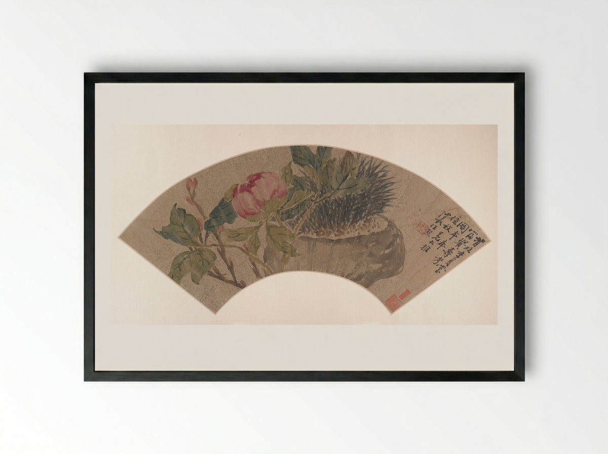 Peony (Fan Painting) - Ren Xiong - Framed Print Black