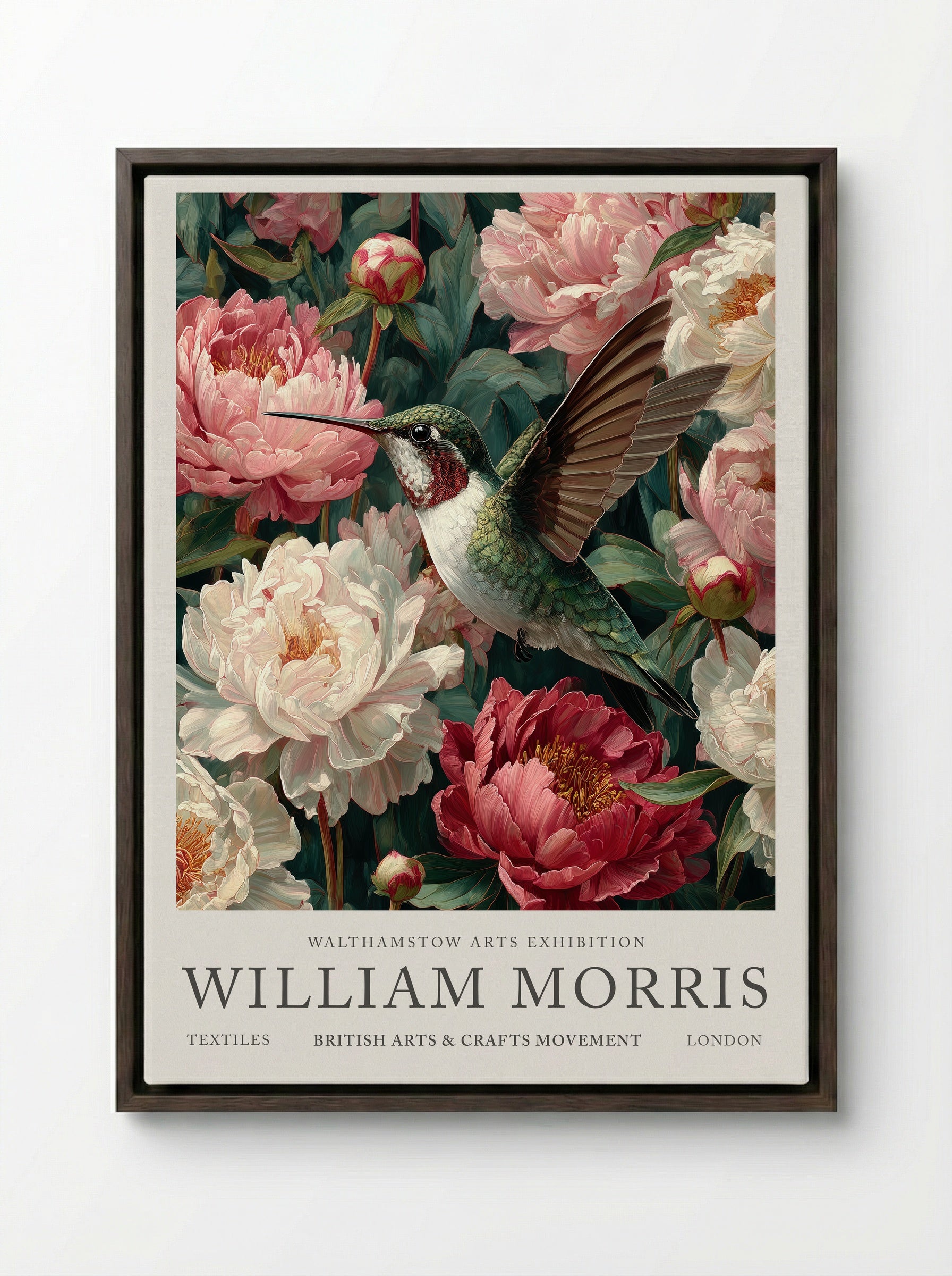 Peony Hummingbird Flight - William Morris - Framed Canvas Dark Wood