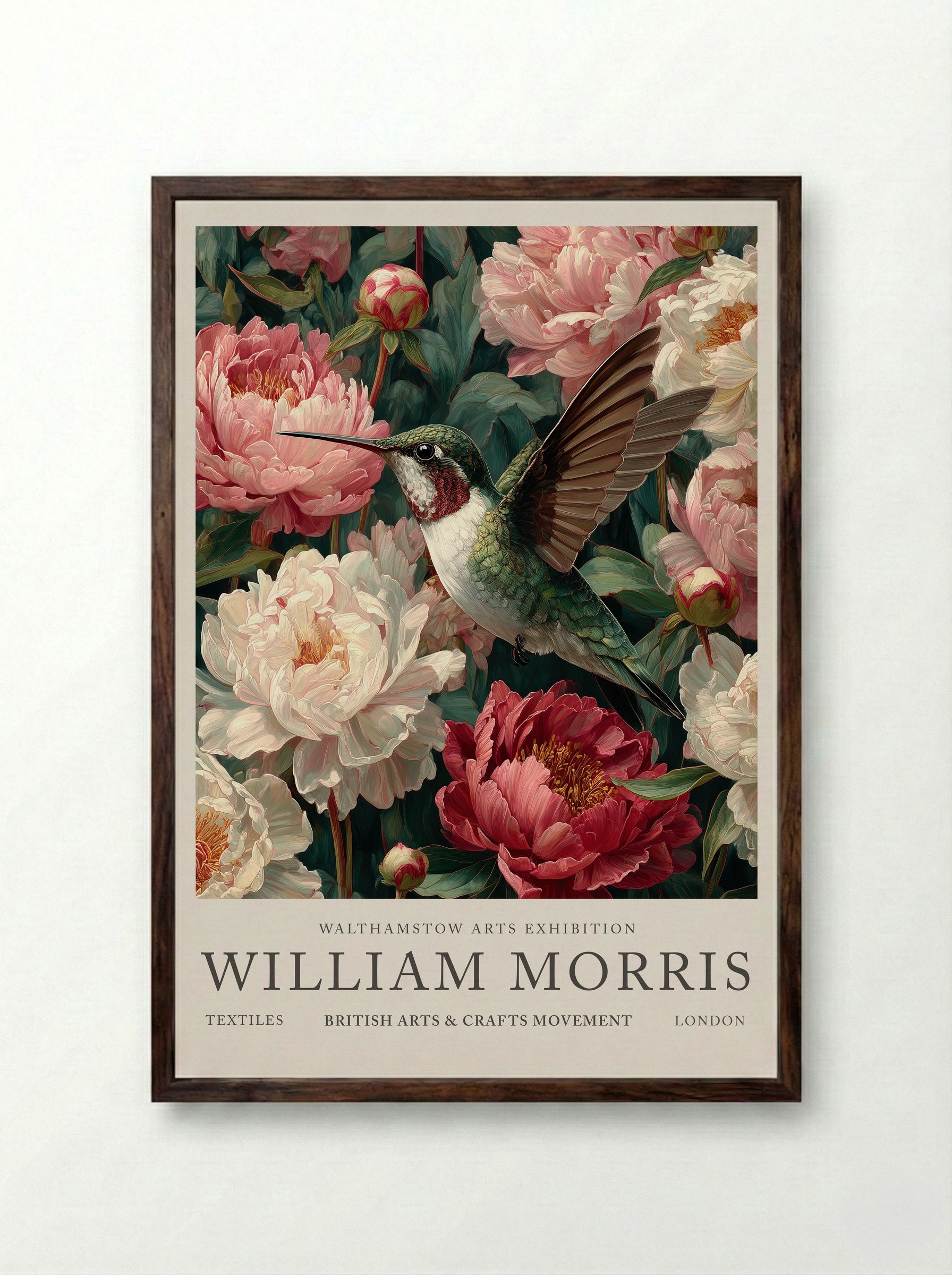Peony Hummingbird Flight - William Morris - Framed Print Dark Wood