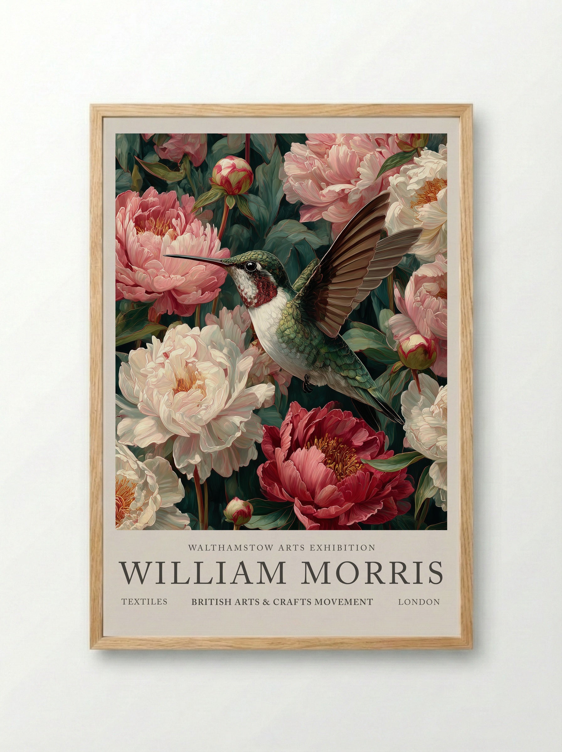 Peony Hummingbird Flight - William Morris - Framed Print Wood