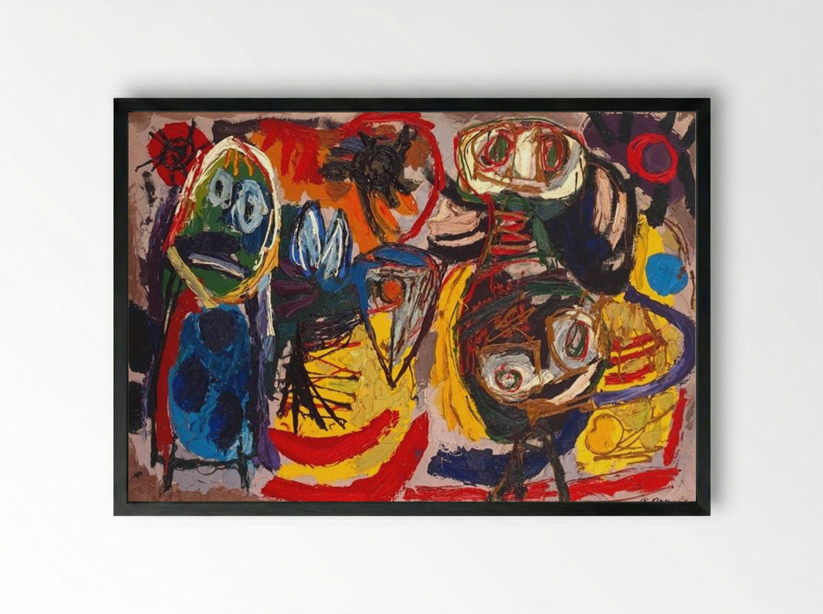 People, Birds and Sun - Karel Appel - Framed Print Black