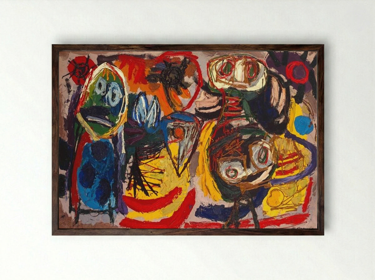 People, Birds and Sun - Karel Appel - Framed Print Dark Wood