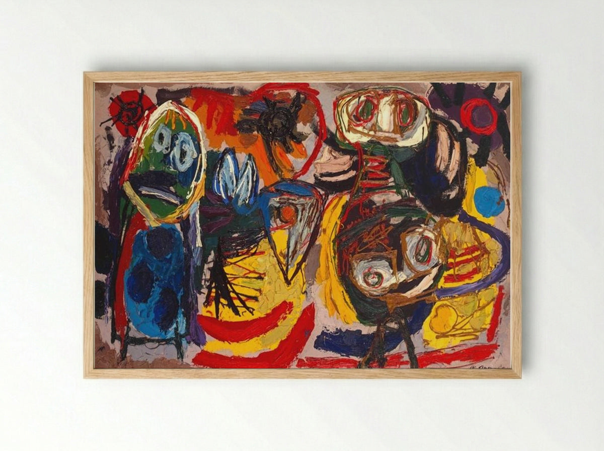 People, Birds and Sun - Karel Appel - Framed Print Wood