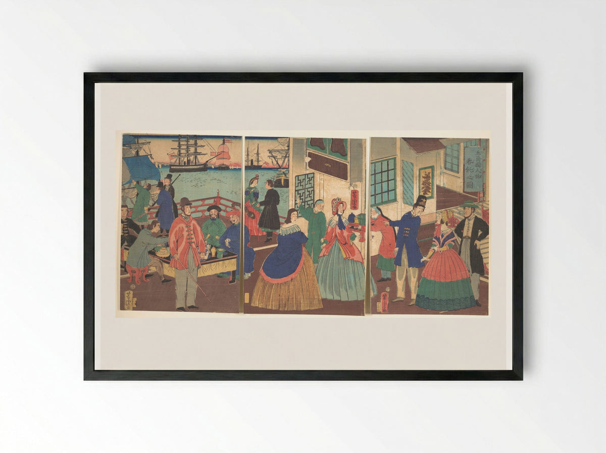People of the Five Nations Drinking and Eating (Gokakoku jinbutsu dontaku no zu) - Utagawa Yoshitora - Framed Print Black
