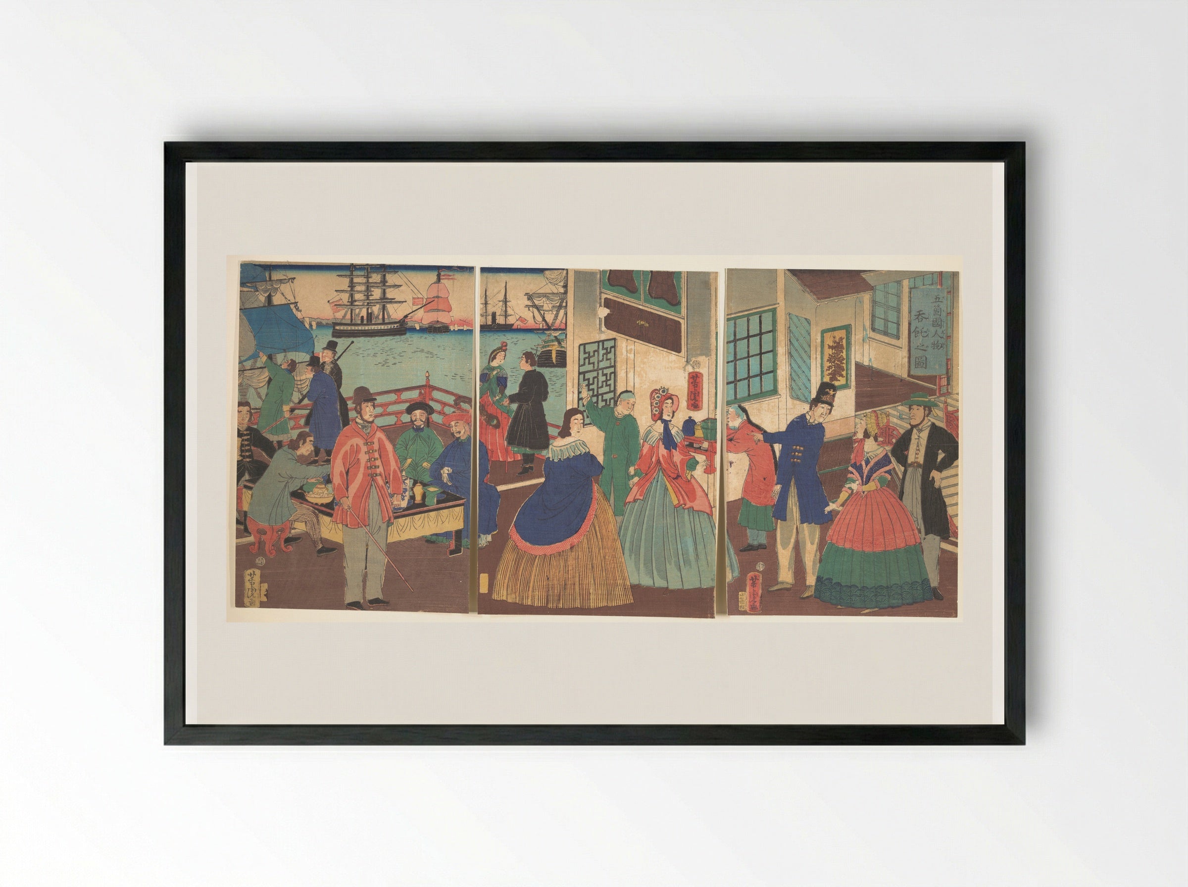 People of the Five Nations Drinking and Eating (Gokakoku jinbutsu dontaku no zu) - Utagawa Yoshitora - Framed Print Black