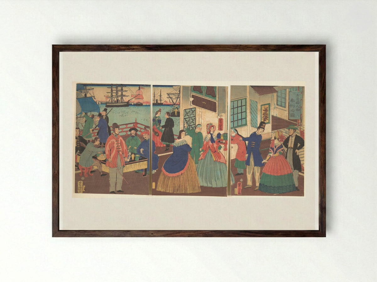 People of the Five Nations Drinking and Eating (Gokakoku jinbutsu dontaku no zu) - Utagawa Yoshitora - Framed Print Dark Wood
