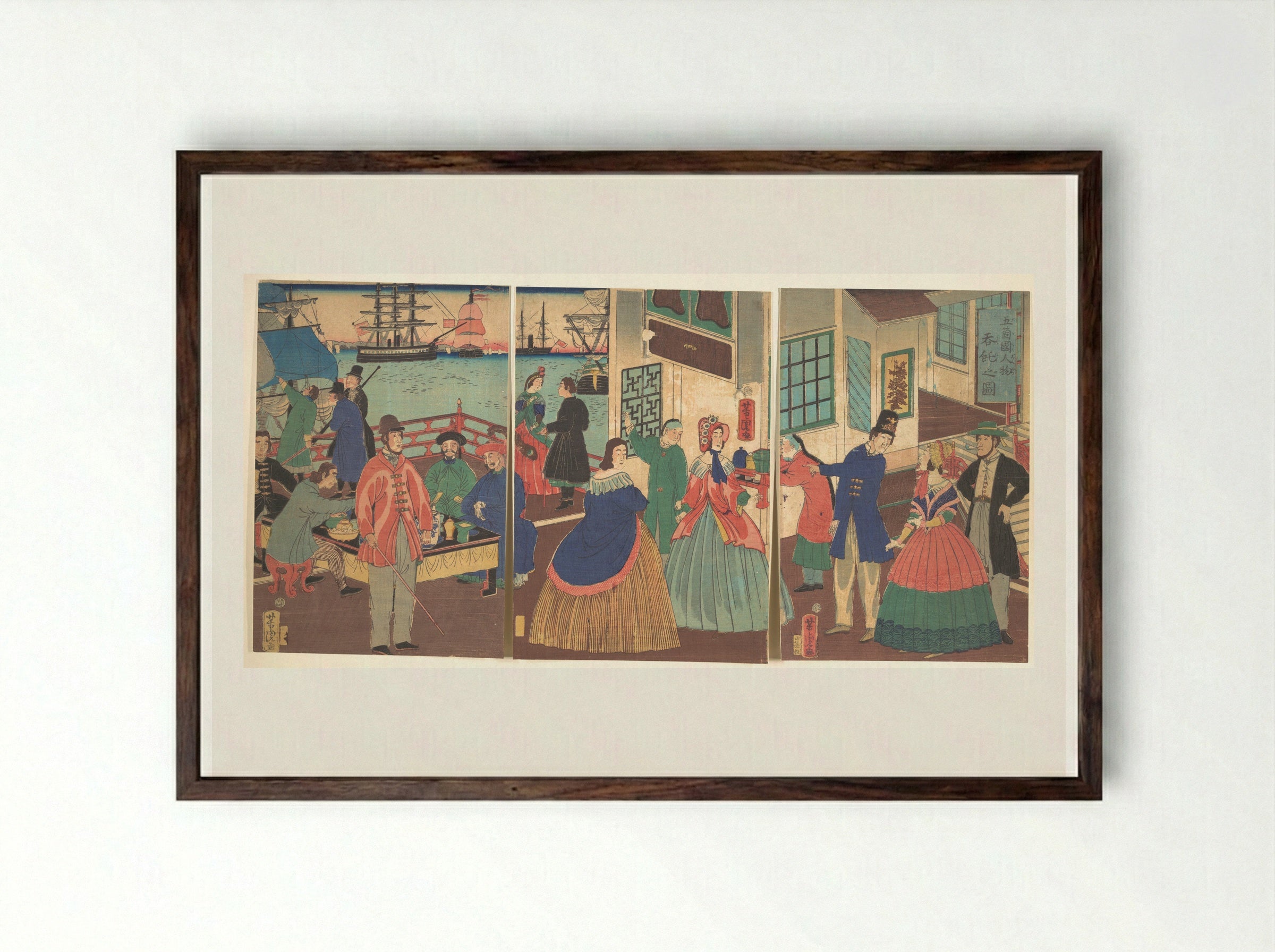 People of the Five Nations Drinking and Eating (Gokakoku jinbutsu dontaku no zu) - Utagawa Yoshitora - Framed Print Dark Wood