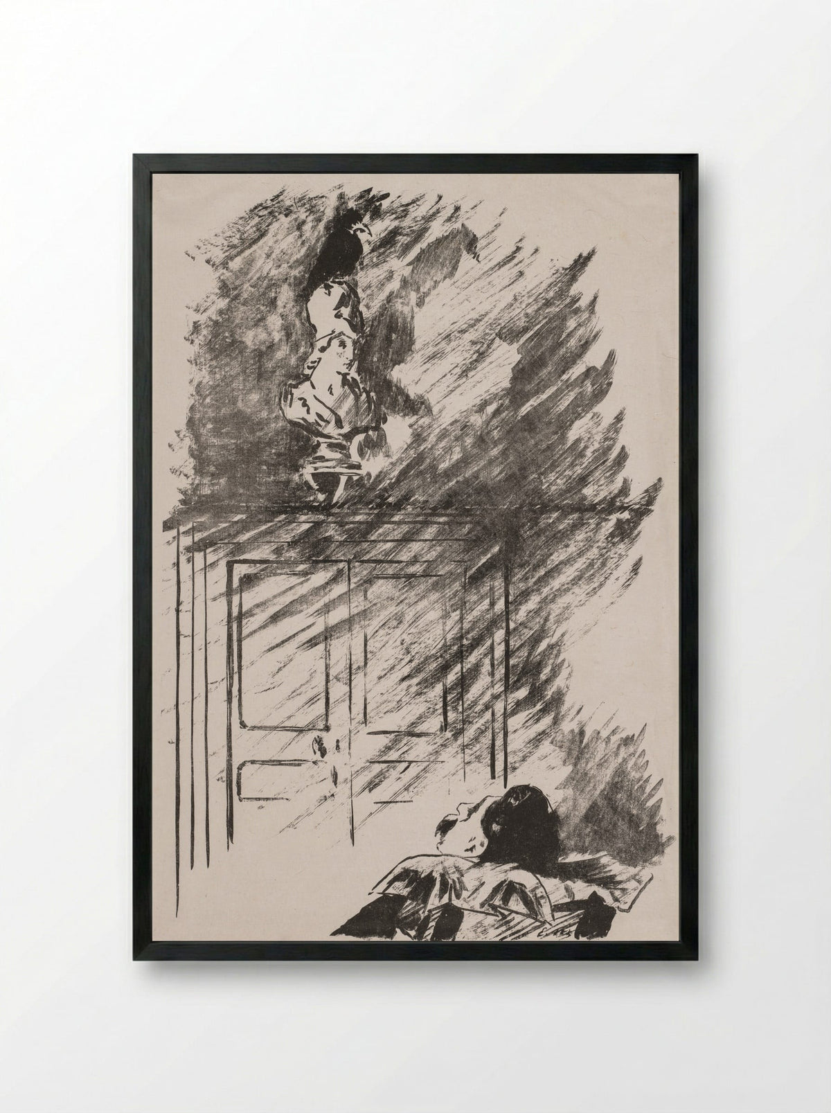 Perched upon a Bust of Pallas - Édouard Manet - Framed Print Black