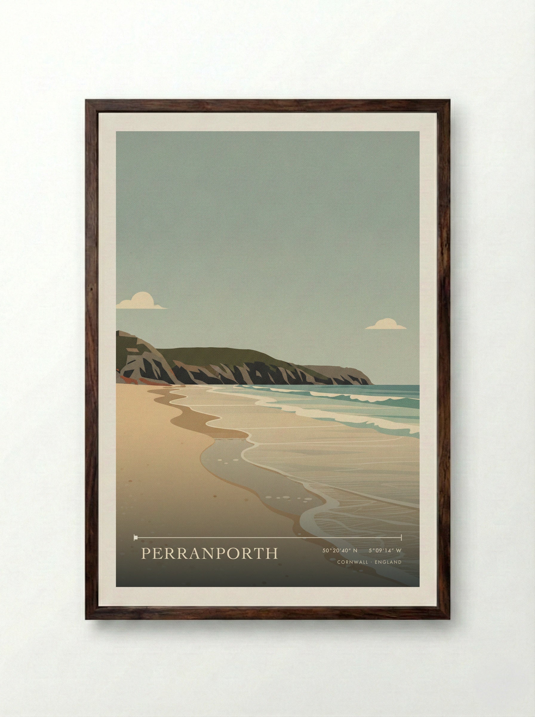 Perranporth Cornwall England Travel Poster - Framed Print Dark Wood