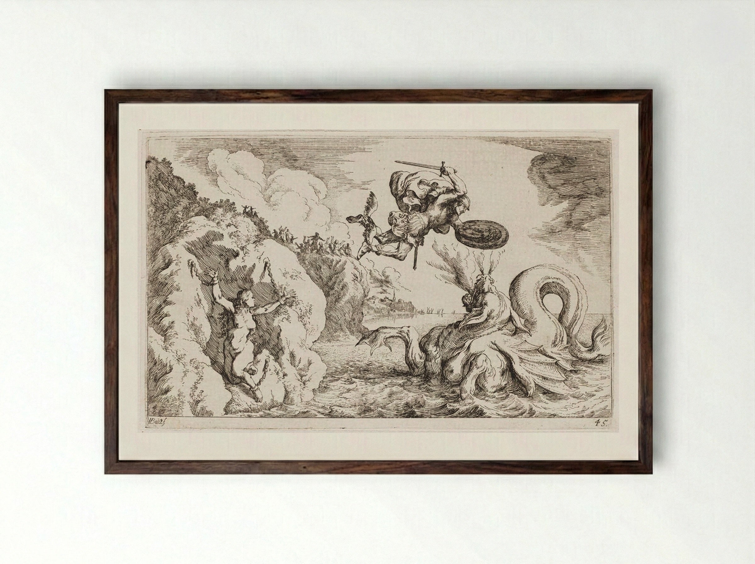 Perseus Delivers Andromeda from the Sea Monster - Johann Wilhelm Baur - Framed Print Dark Wood