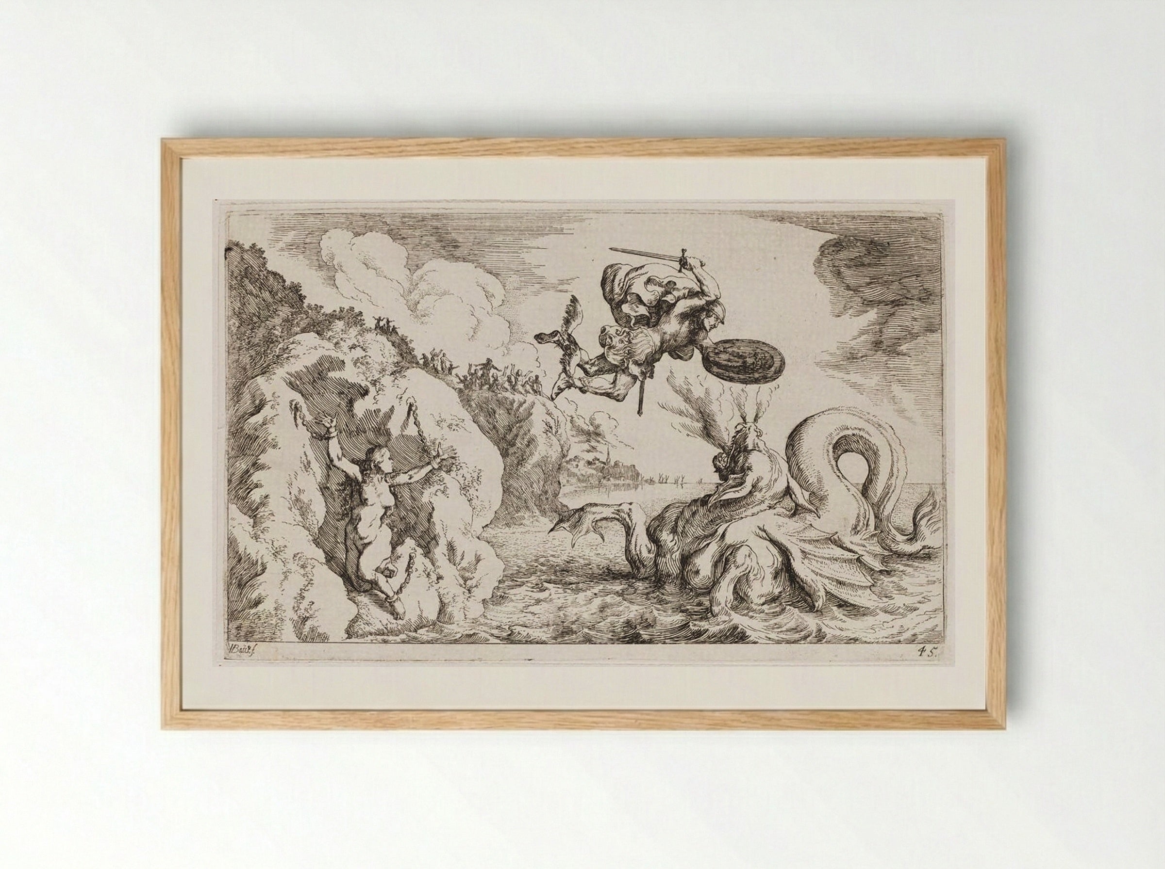 Perseus Delivers Andromeda from the Sea Monster - Johann Wilhelm Baur - Framed Print Wood