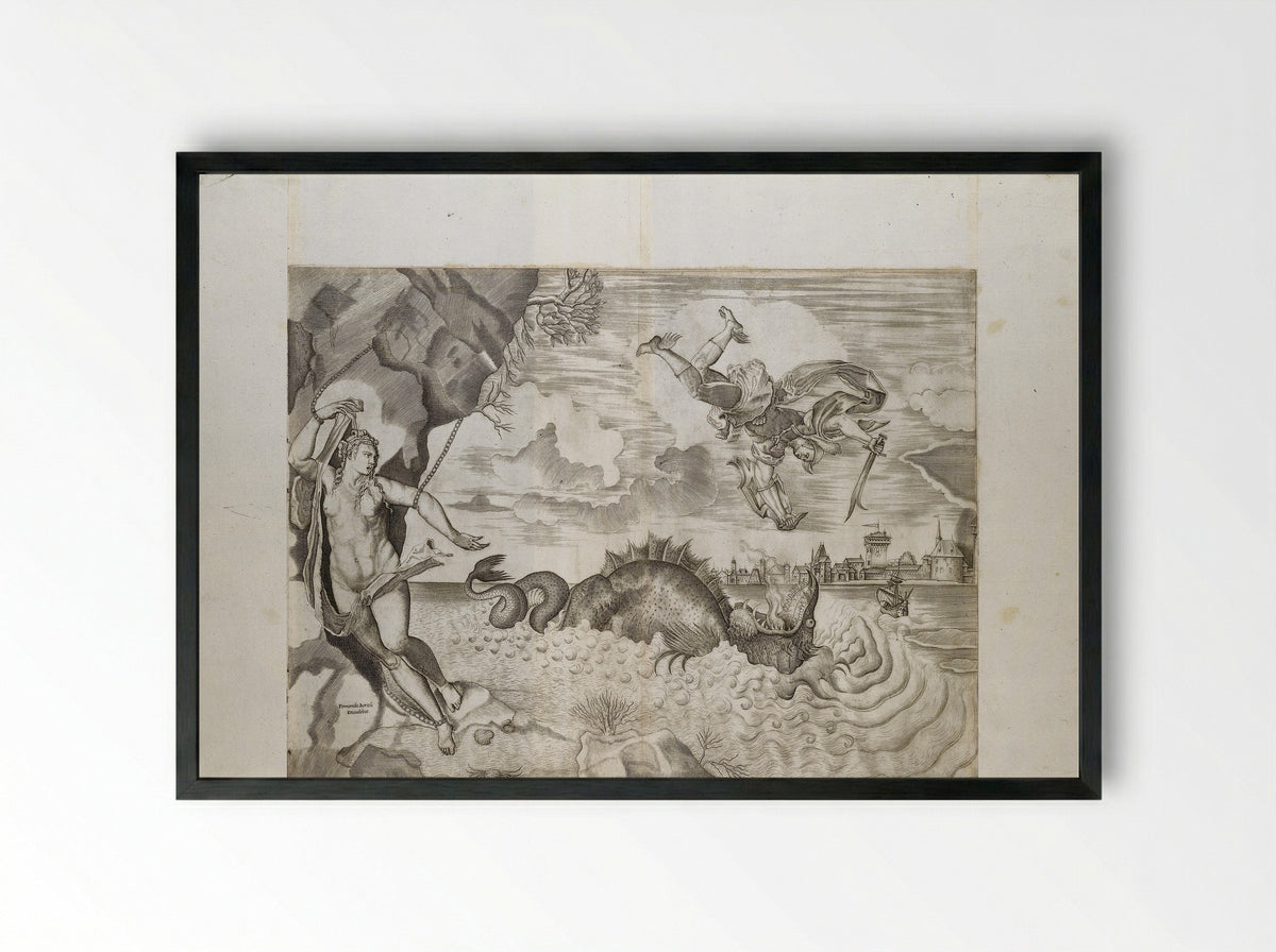 Perseus and Andromeda - Giulio Sanuto - Framed Print Black
