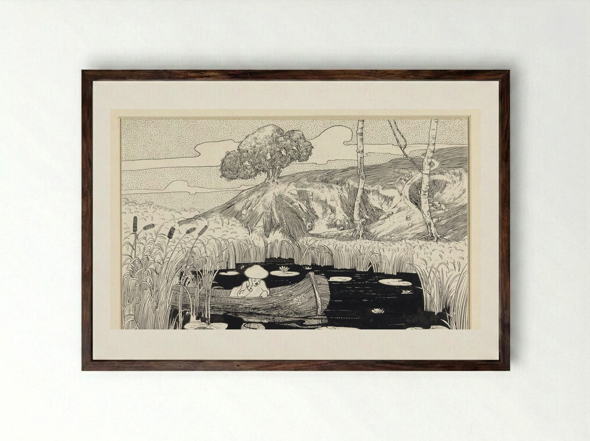 Person in a Boat on a Lily Pond - C. Lapine - Framed Print Dark Wood