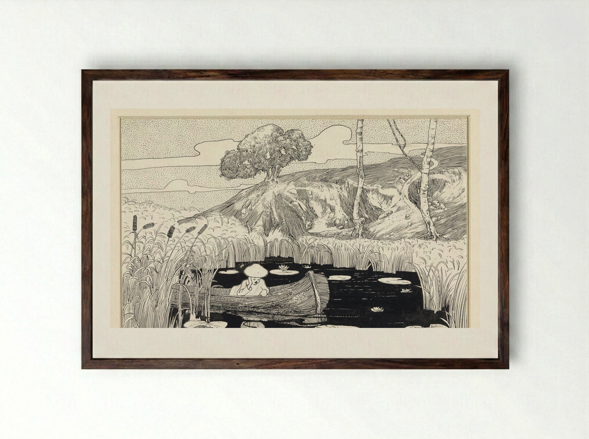 Person in a Boat on a Lily Pond - C. Lapine - Framed Print Dark Wood