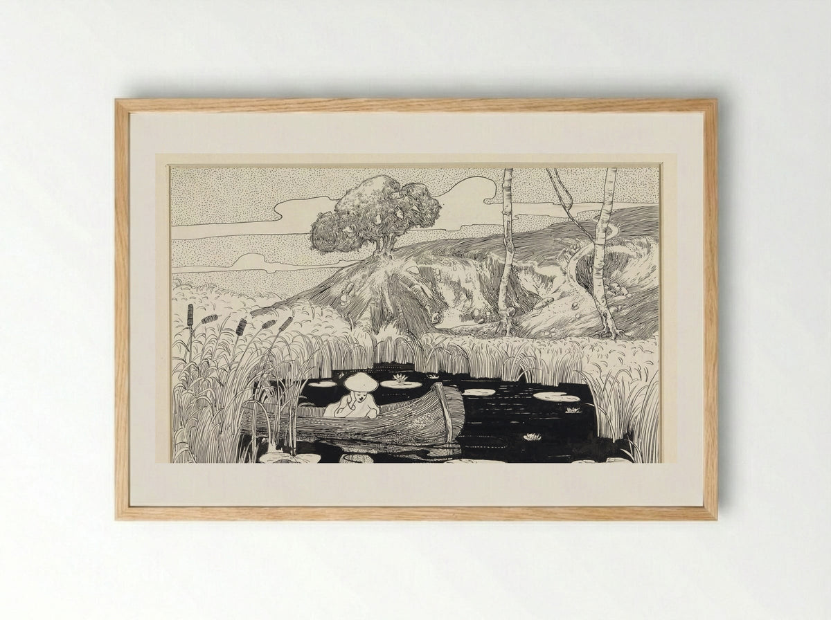 Person in a Boat on a Lily Pond - C. Lapine - Framed Print Wood