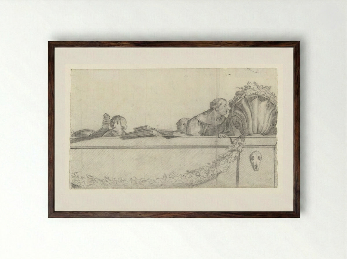 Personen op een balustrade met festoenen - Cornelis Holsteyn - Framed Print Dark Wood