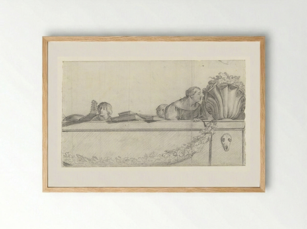 Personen op een balustrade met festoenen - Cornelis Holsteyn - Framed Print Wood