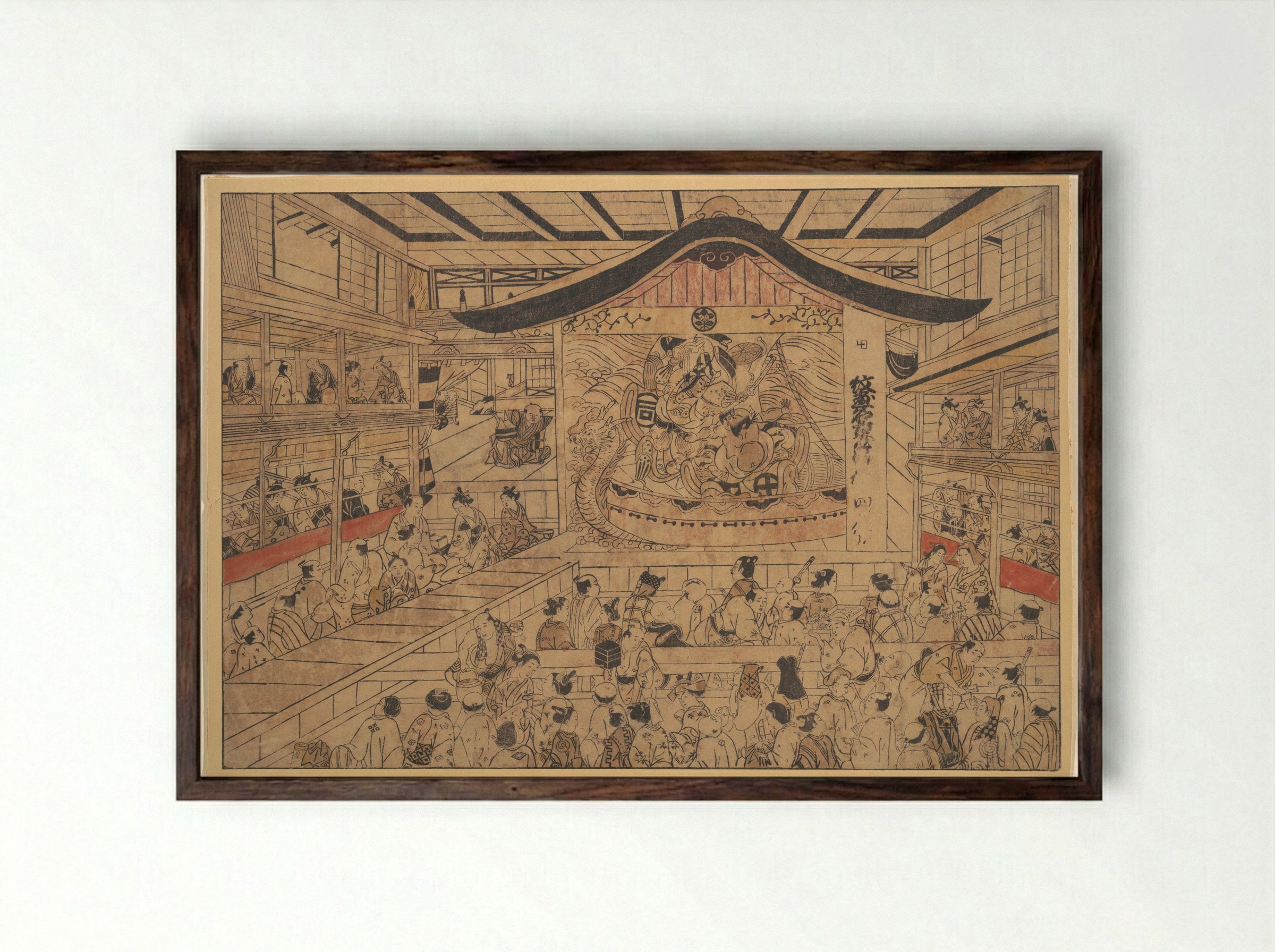 Perspective View of a Kabuki Theatre - Okumura Masanobu - Framed Print Dark Wood