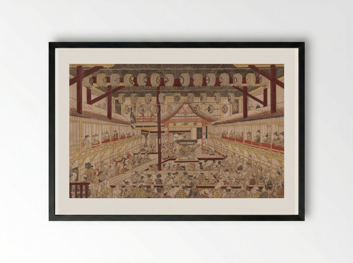 Perspective View of the Interior of the Nakamura Theater with Ichikawa Ebizo II as Yanone Goro - Okumura Masanobu - Framed Print Black
