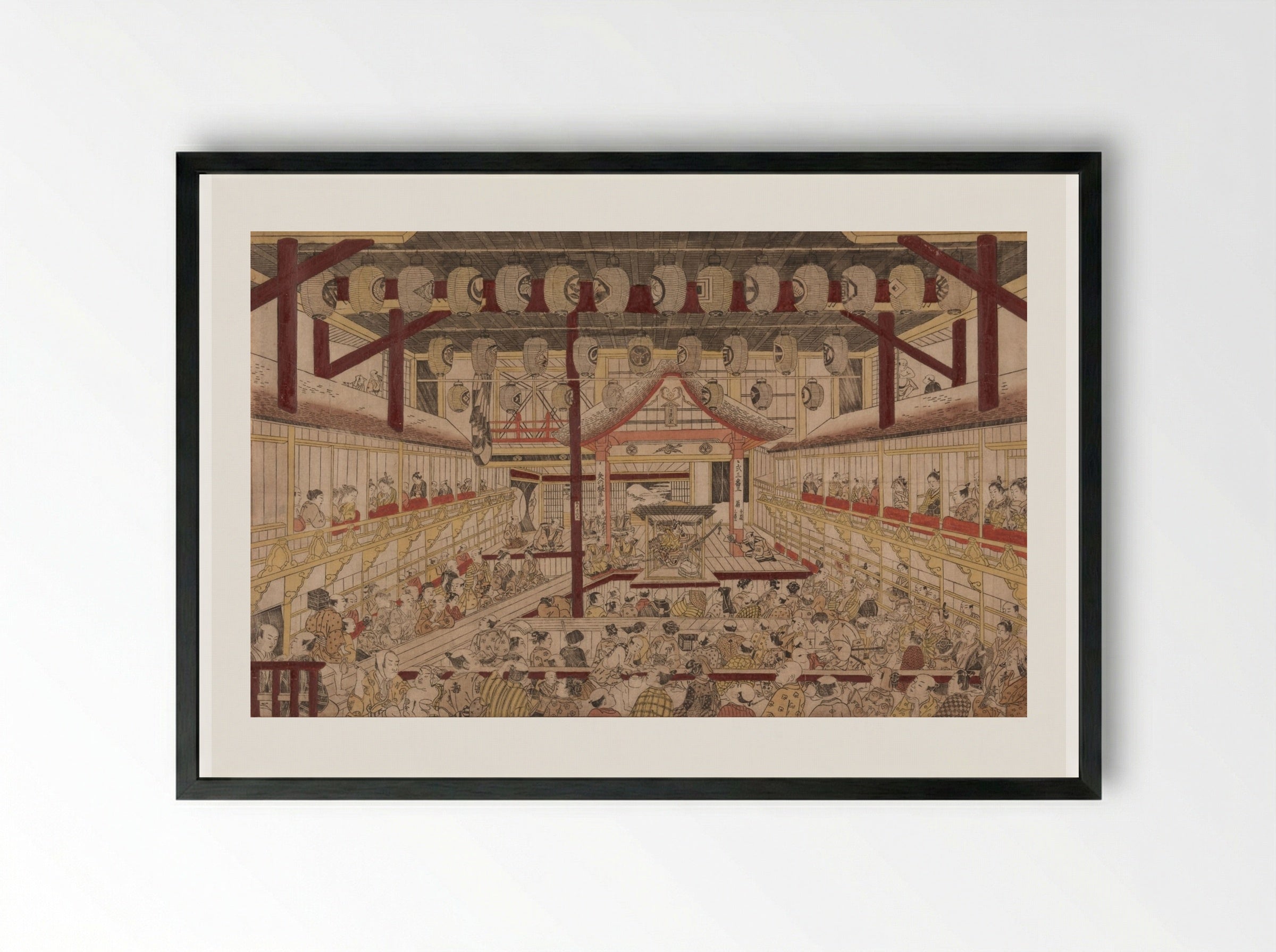 Perspective View of the Interior of the Nakamura Theater with Ichikawa Ebizo II as Yanone Goro - Okumura Masanobu - Framed Print Black