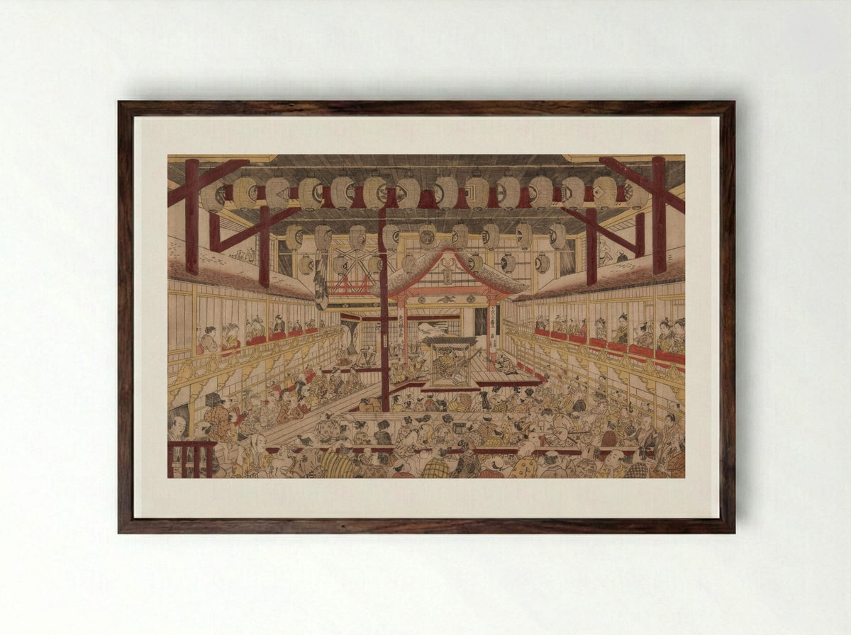 Perspective View of the Interior of the Nakamura Theater with Ichikawa Ebizo II as Yanone Goro - Okumura Masanobu - Framed Print Dark Wood