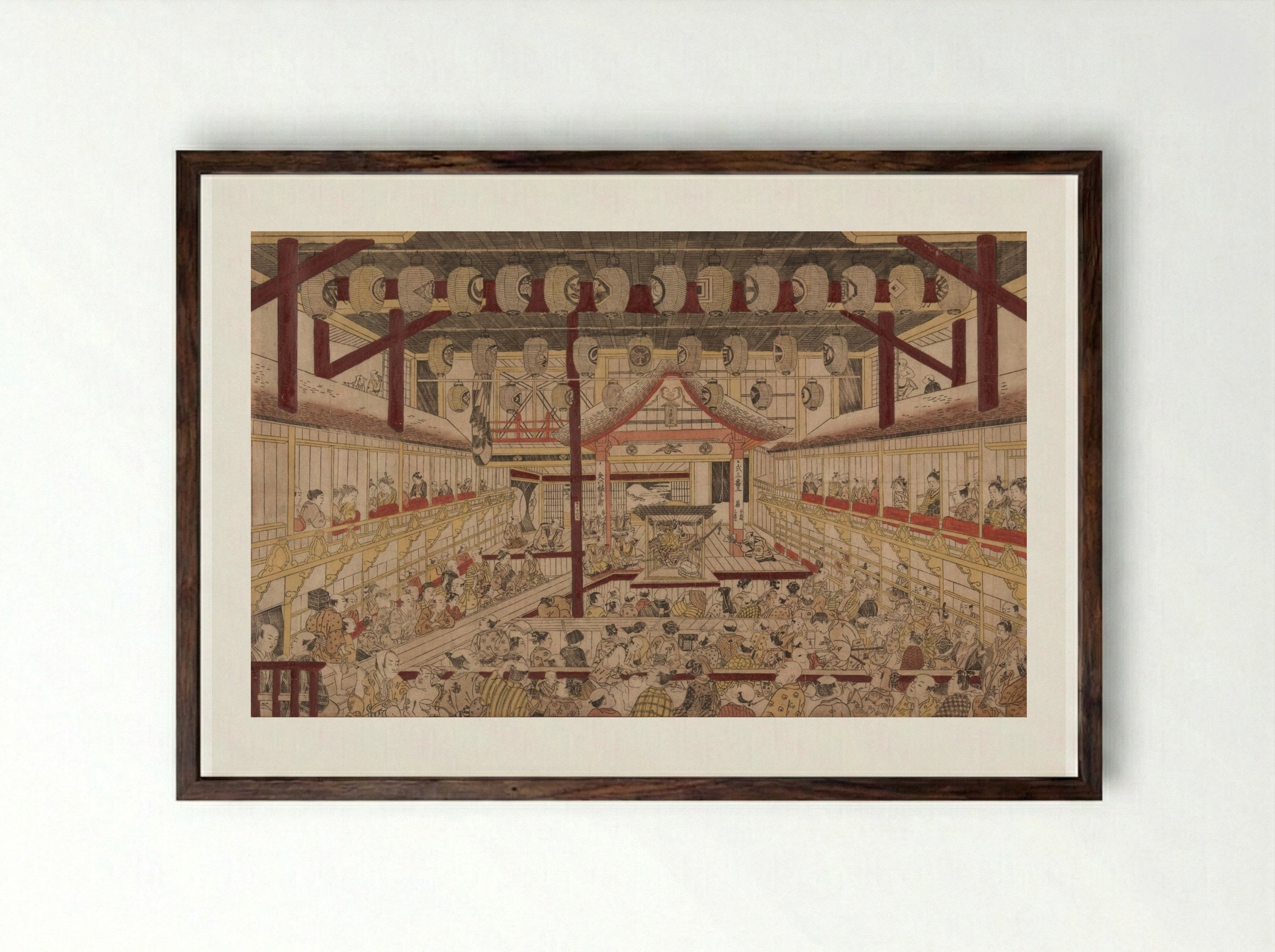 Perspective View of the Interior of the Nakamura Theater with Ichikawa Ebizo II as Yanone Goro - Okumura Masanobu - Framed Print Dark Wood