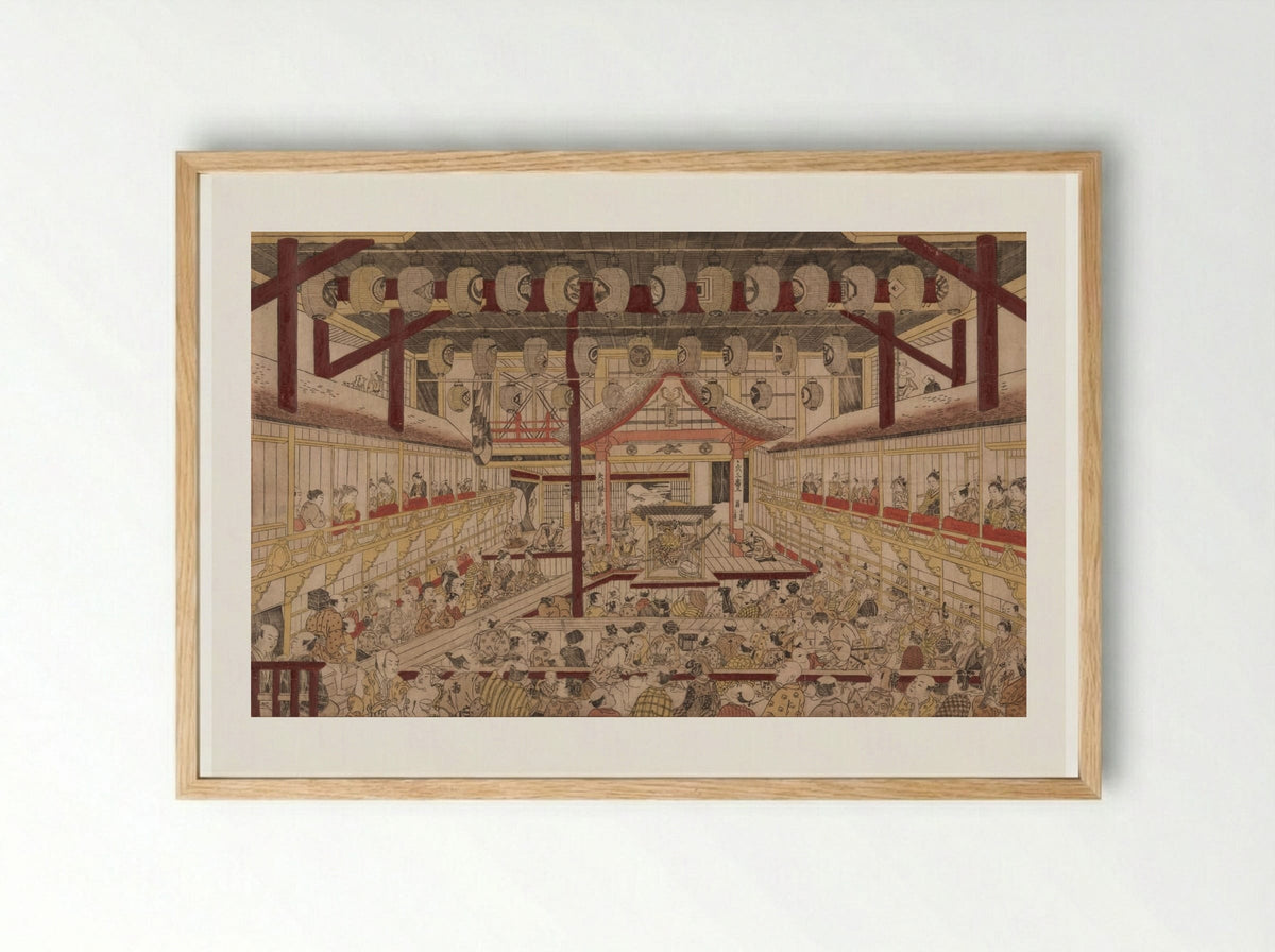 Perspective View of the Interior of the Nakamura Theater with Ichikawa Ebizo II as Yanone Goro - Okumura Masanobu - Framed Print Wood