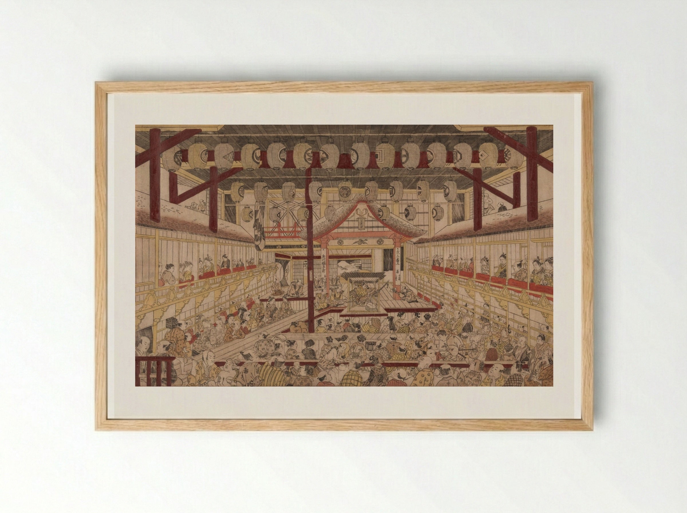 Perspective View of the Interior of the Nakamura Theater with Ichikawa Ebizo II as Yanone Goro - Okumura Masanobu - Framed Print Wood