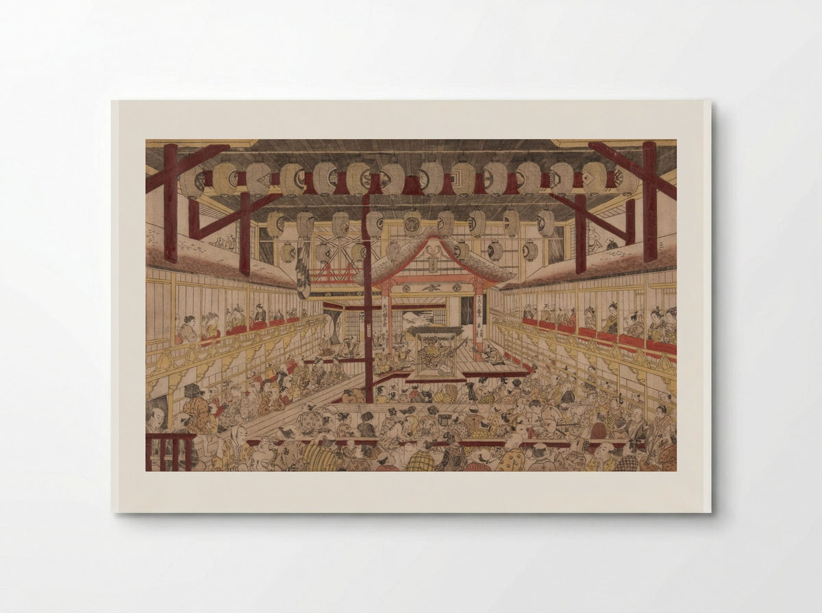 Perspective View of the Interior of the Nakamura Theater with Ichikawa Ebizo II as Yanone Goro - Okumura Masanobu - Poster