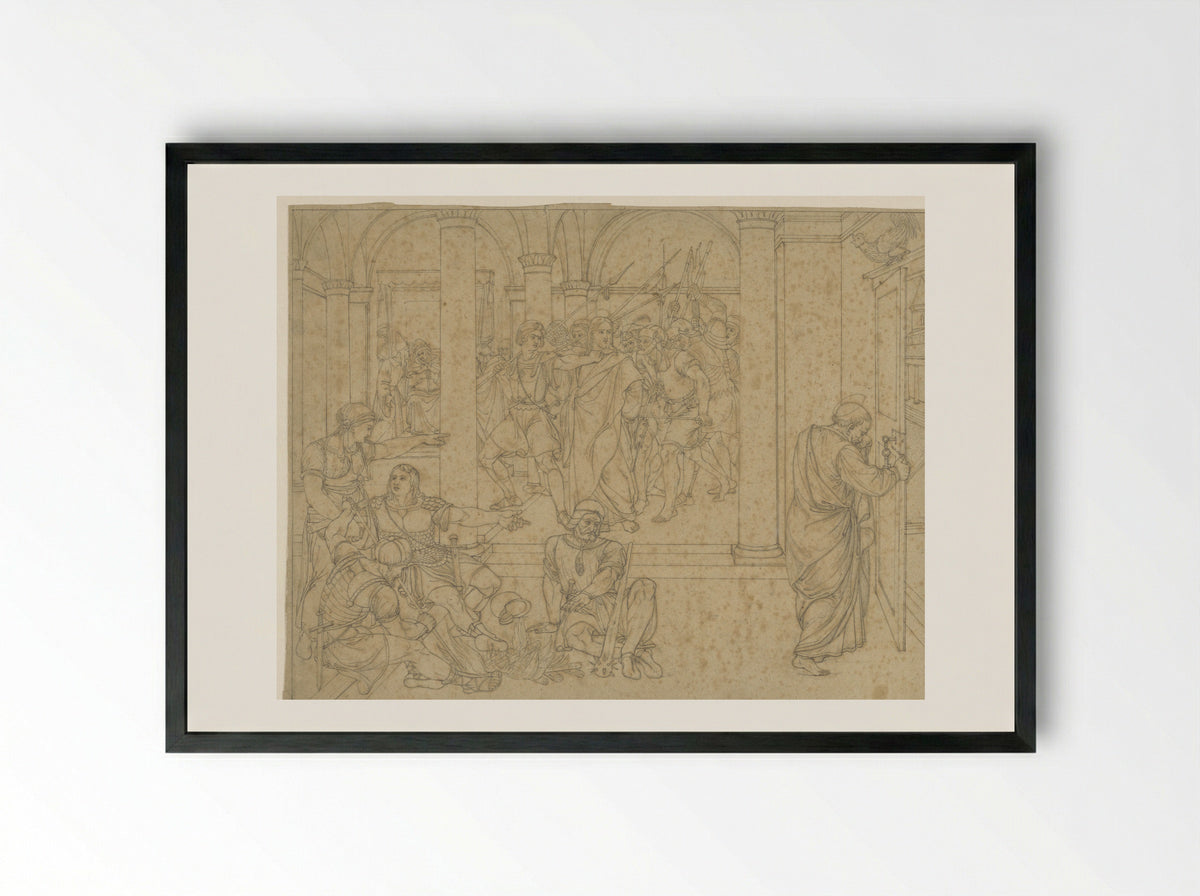 Peter Denying Christ in the Hall of the Courthouse - Joseph von Führich - Framed Print Black