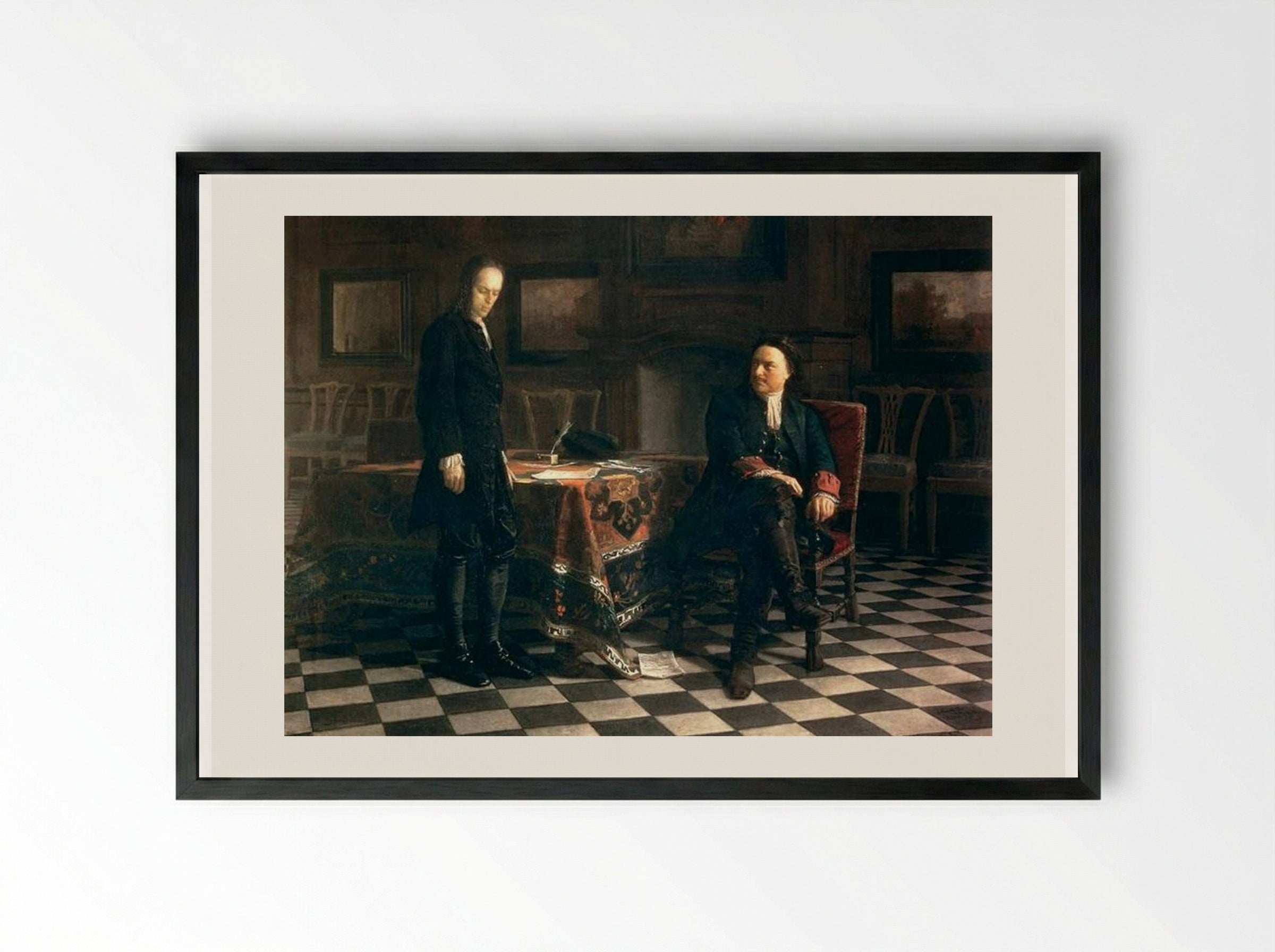 Peter the Great Interrogating the Tsarevich Alexei Petrovich at Peterhof - Nikolai Ge - Framed Print Black