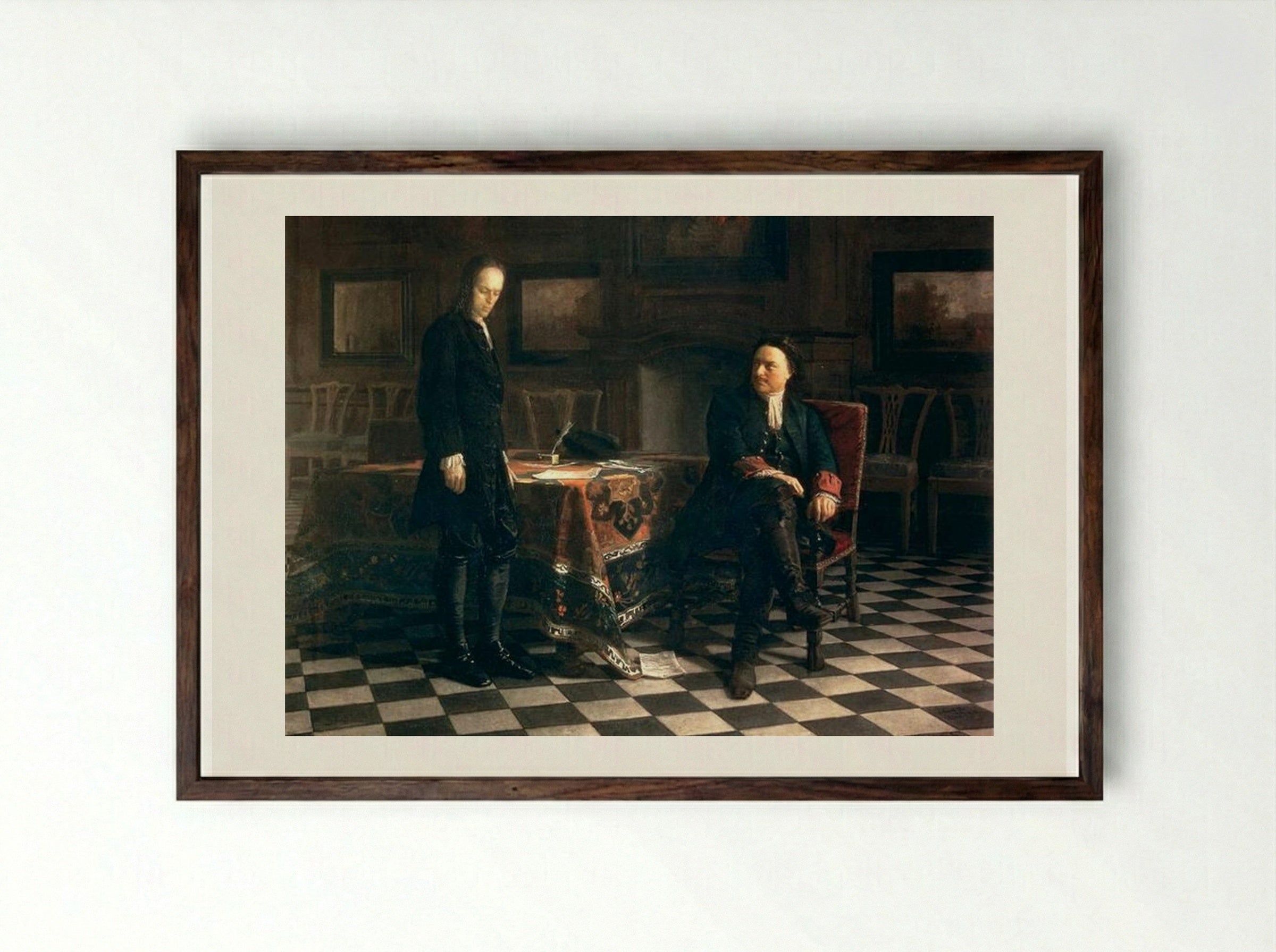 Peter the Great Interrogating the Tsarevich Alexei Petrovich at Peterhof - Nikolai Ge - Framed Print Dark Wood