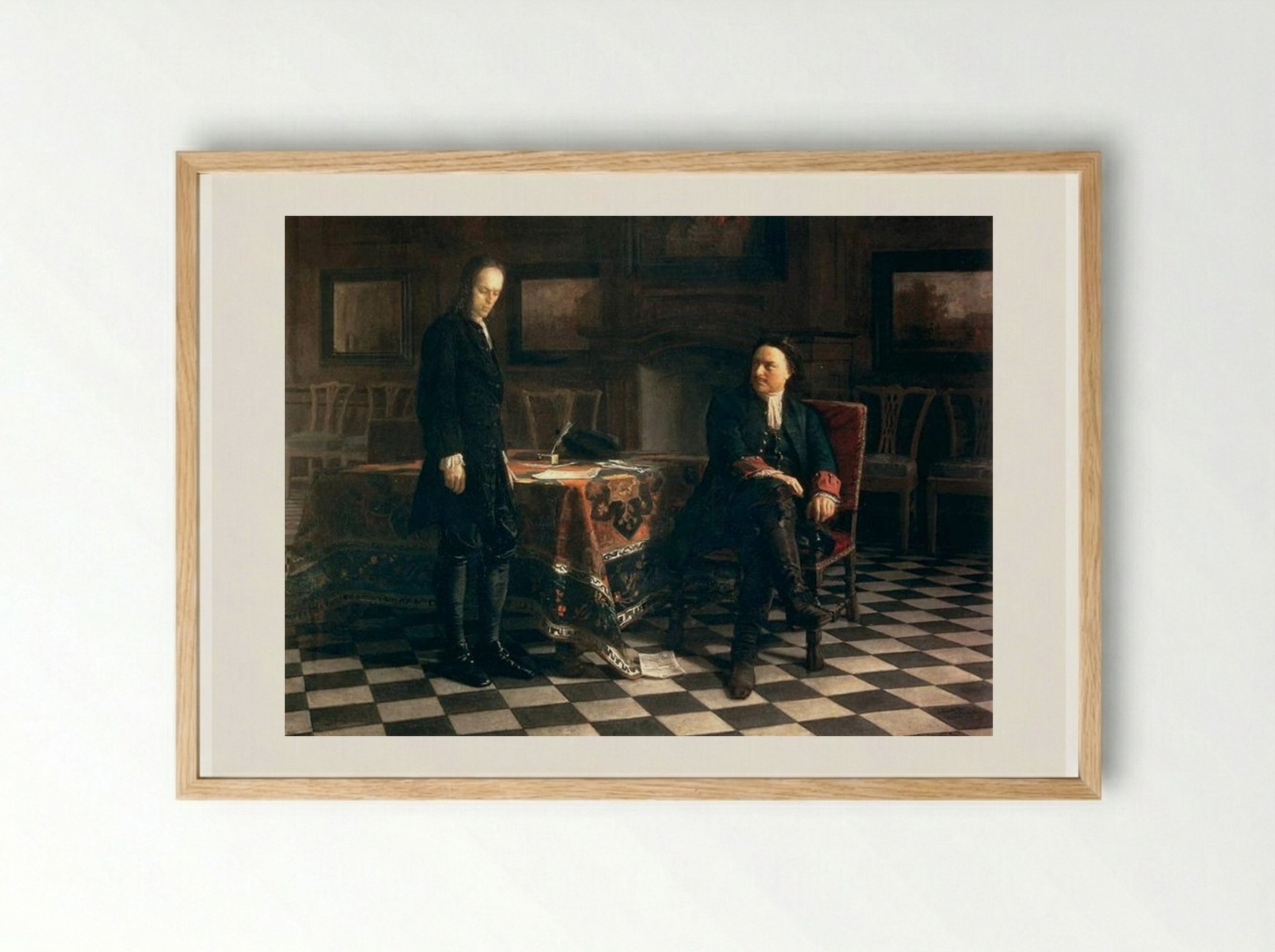 Peter the Great Interrogating the Tsarevich Alexei Petrovich at Peterhof - Nikolai Ge - Framed Print Wood