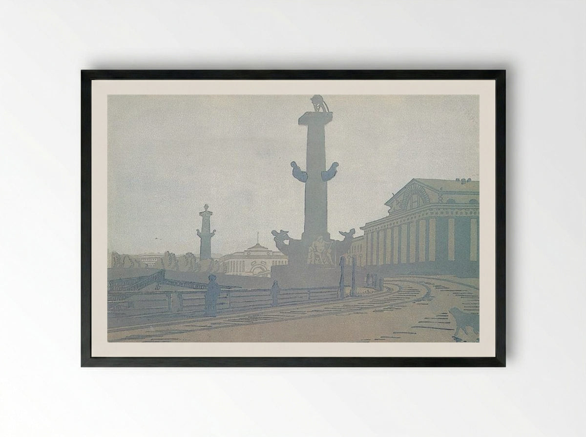 Petersburg. Rostral column and Exchange - Anna Ostroumova-Lebedeva - Framed Print Black