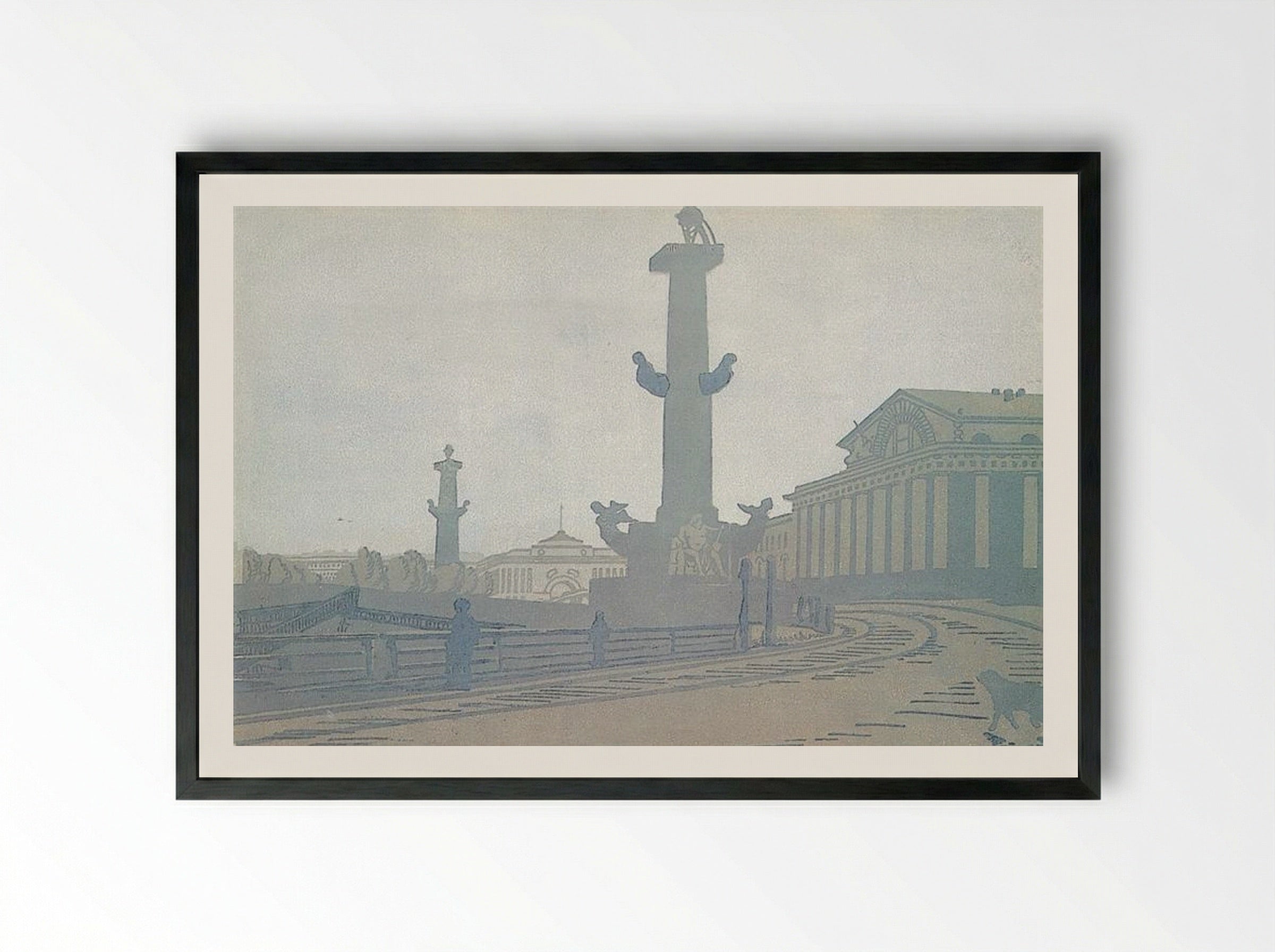 Petersburg. Rostral column and Exchange - Anna Ostroumova-Lebedeva - Framed Print Black