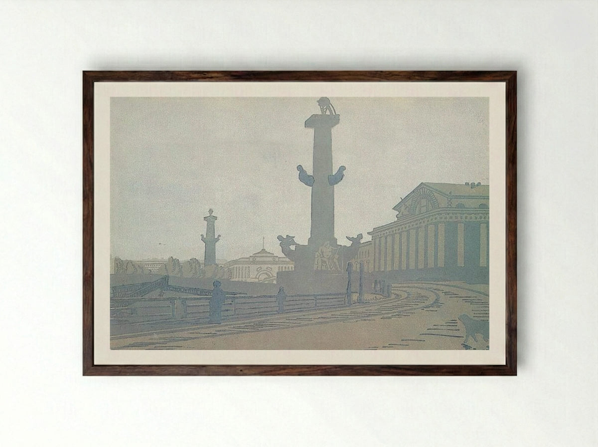 Petersburg. Rostral column and Exchange - Anna Ostroumova-Lebedeva - Framed Print Dark Wood