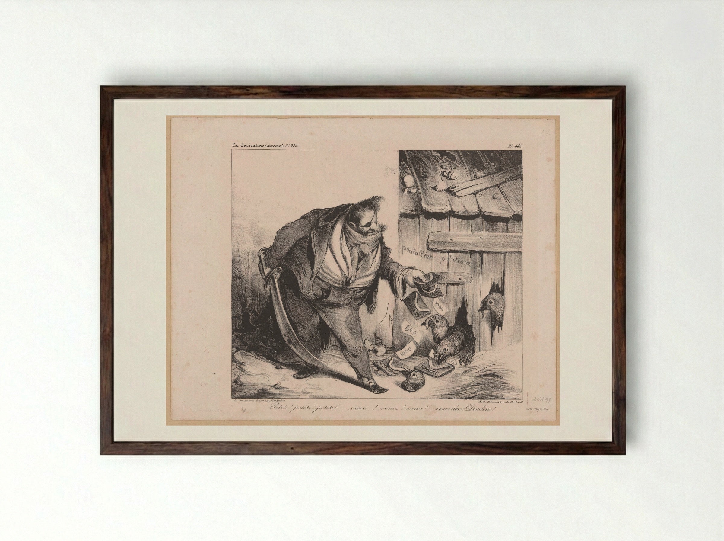 Petits! petits! petits!... venez! venez! venez! venez donc Dindons! - Honoré Daumier - Framed Print Dark Wood