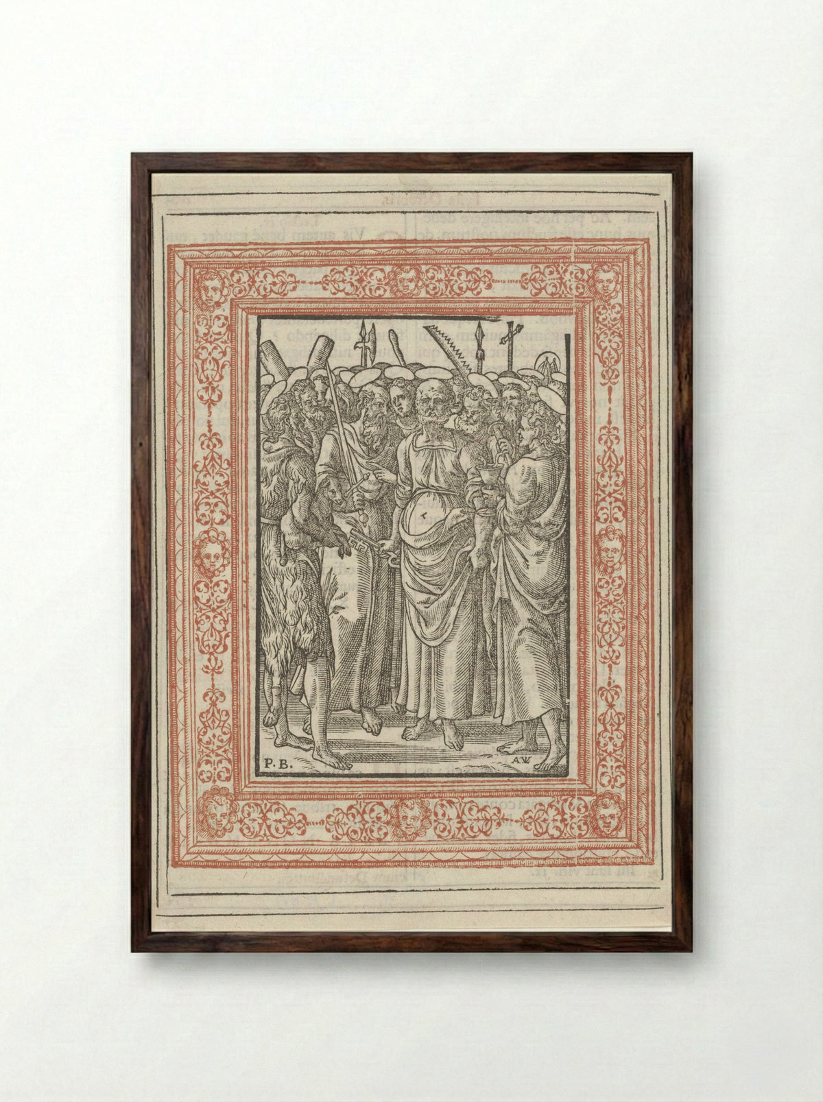 Petrus, Johannes, Paulus en Johannes de Doper door andere heiligen omgeven - Christoffel Plantijn - Framed Print Dark Wood