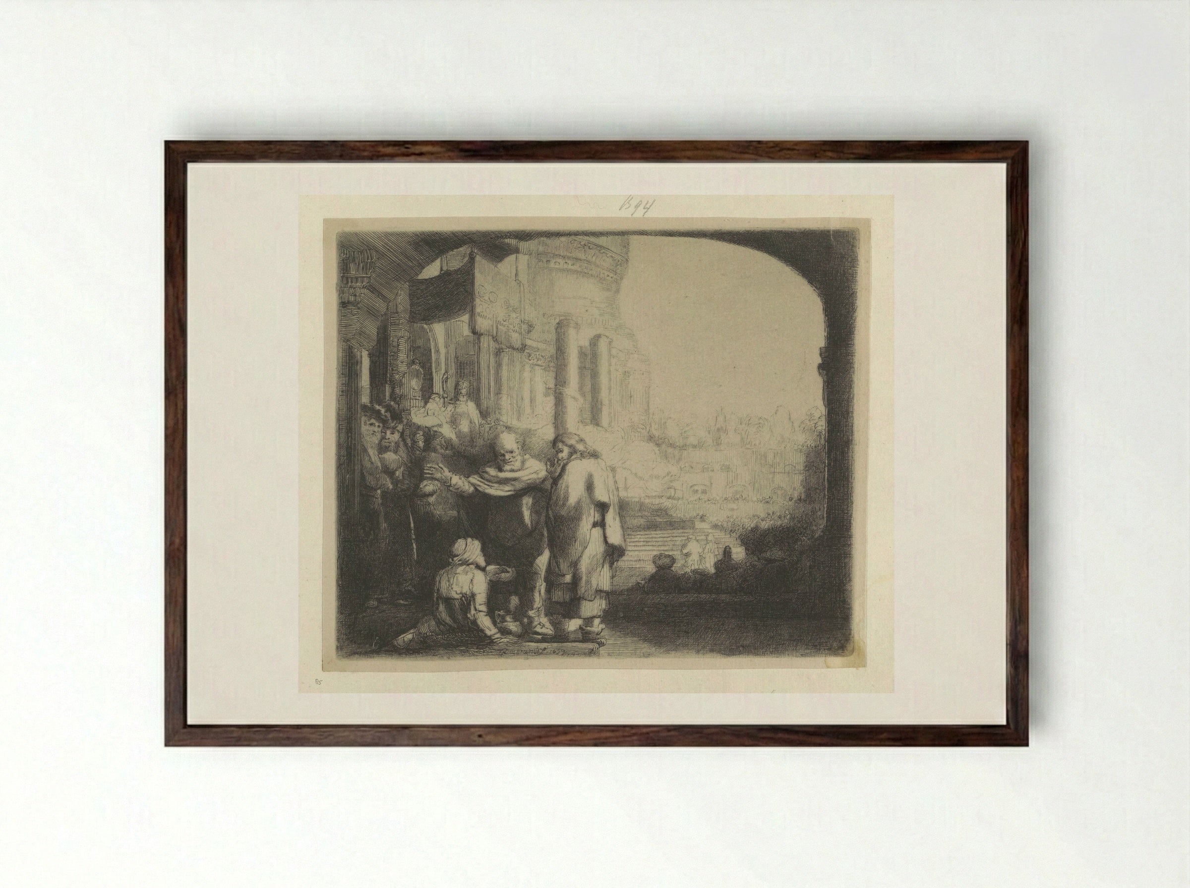 Petrus en Johannes genezen een verlamde man bij de tempelpoort - Henry Louis Basan - Framed Print Dark Wood