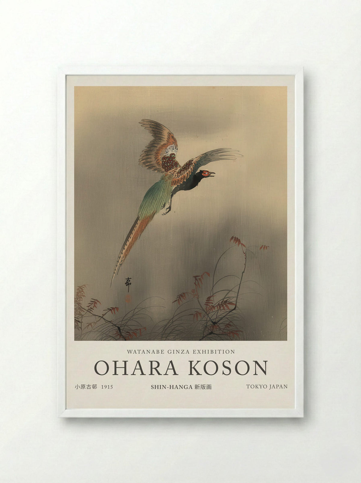 Pheasant In Flight - Ohara Koson - Framed Print White
