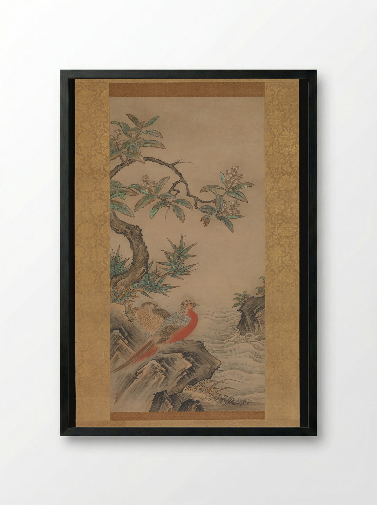 Pheasants among Trees: Flowers of the Four Seasons - Kano Shōei - Framed Print Black