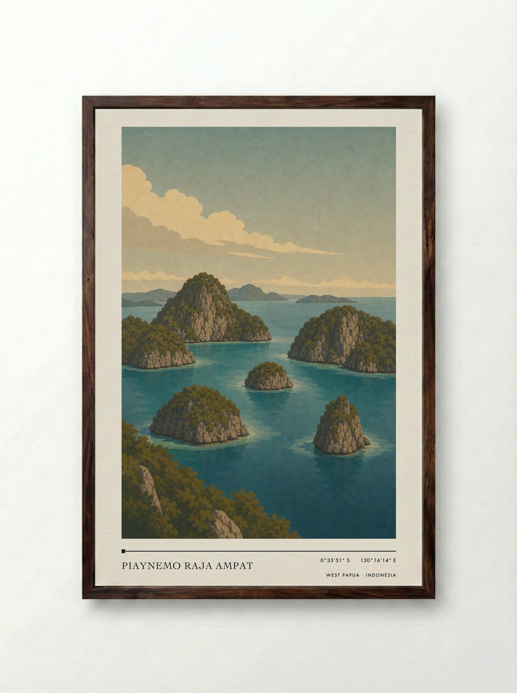 Piaynemo Raja Ampat Travel Poster Artwork - Framed Print Dark Wood