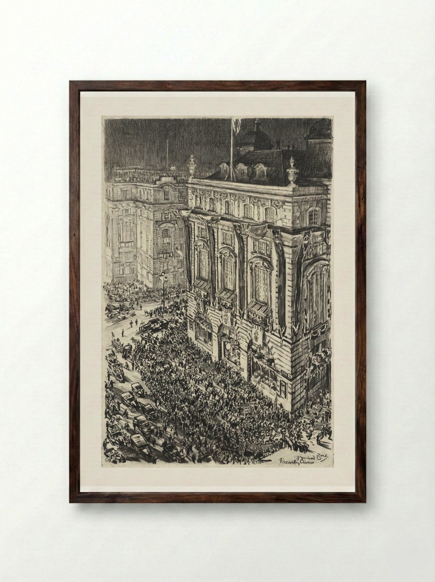 Piccadilly Circus, Eve of the Coronation of George VI - Muirhead Bone - Framed Print Dark Wood