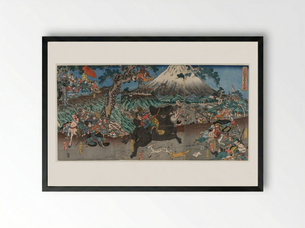 Picture of Minamoto no Yoritomo's Hunt on the Slopes of Mount Fuji - Utagawa Yoshifuji - Framed Print Black