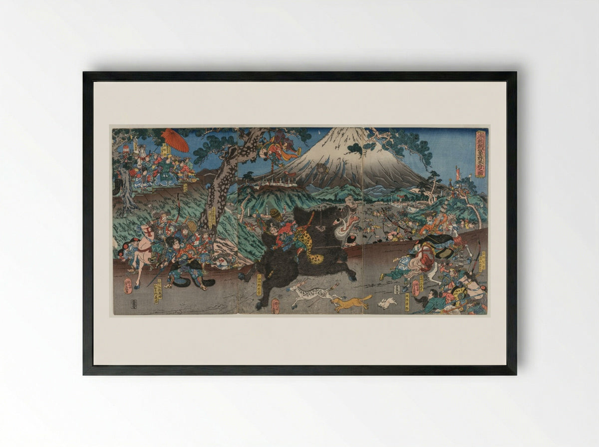 Picture of Minamoto no Yoritomo's Hunt on the Slopes of Mount Fuji - Utagawa Yoshifuji - Framed Print Black