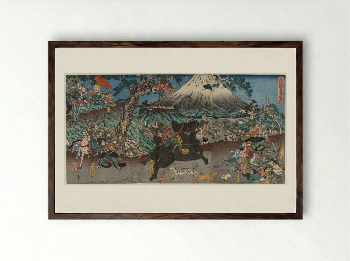 Picture of Minamoto no Yoritomo's Hunt on the Slopes of Mount Fuji - Utagawa Yoshifuji - Framed Print Dark Wood