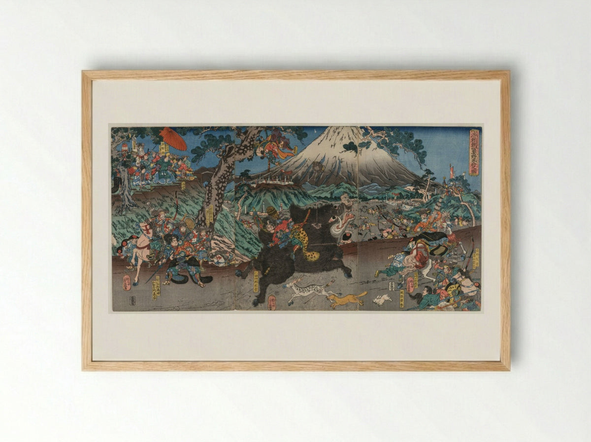 Picture of Minamoto no Yoritomo's Hunt on the Slopes of Mount Fuji - Utagawa Yoshifuji - Framed Print Wood