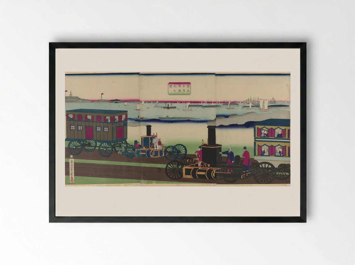 Picture of Steam Locomotives Traveling (Jokisha rikudo tsuko no zu) - Utagawa Yoshitora - Framed Print Black