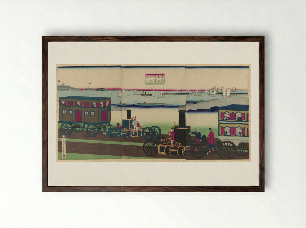 Picture of Steam Locomotives Traveling (Jokisha rikudo tsuko no zu) - Utagawa Yoshitora - Framed Print Dark Wood