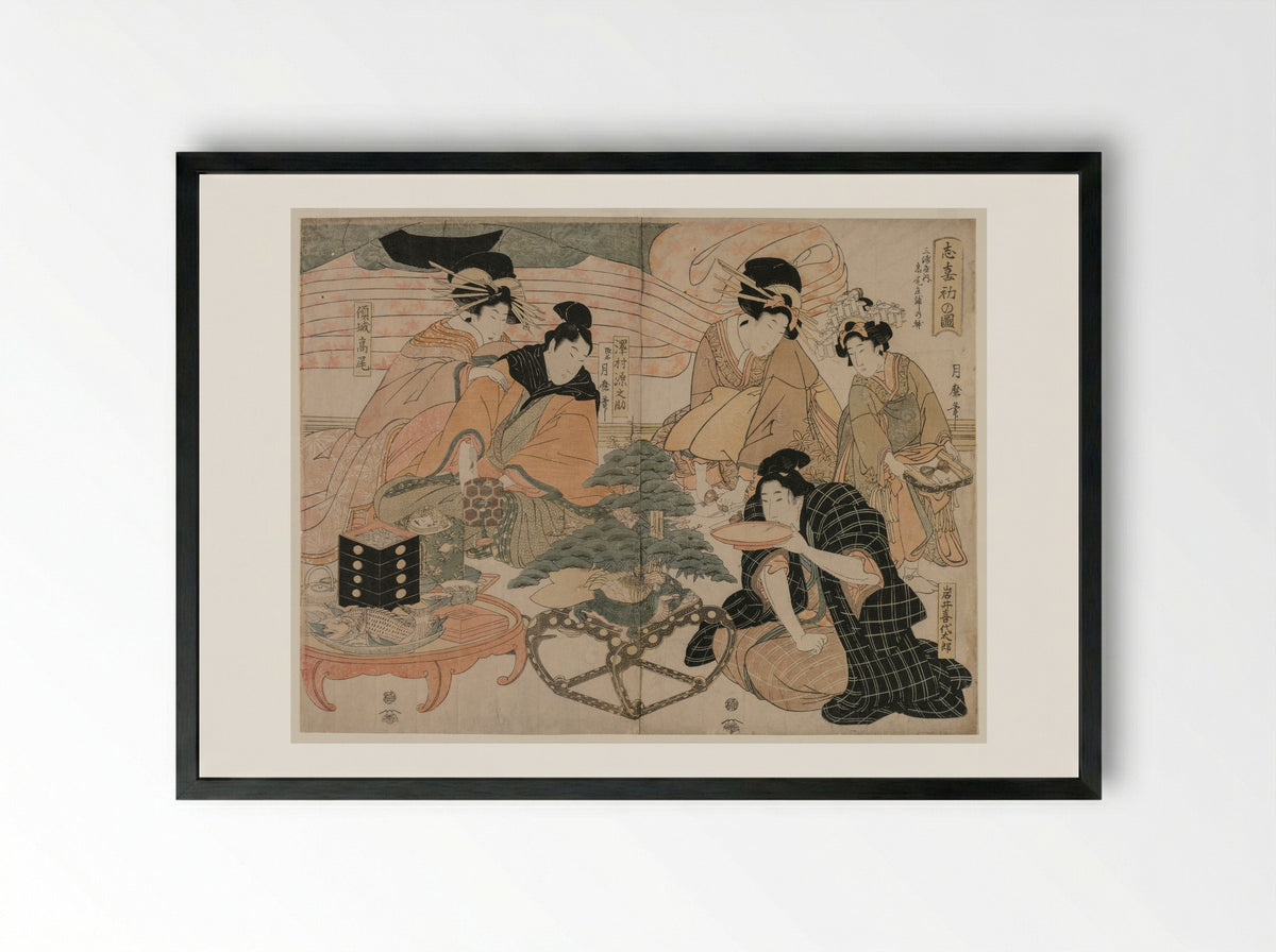 Picture of the First Visit to the Pleasure Quarters - Kitagawa Tsukimaro - Framed Print Black